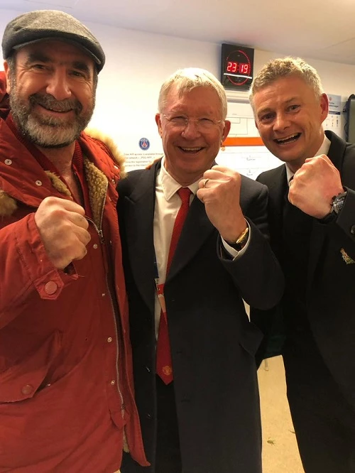 Cantona, Sir Alex Ferguson và HLV Solskjaer (từ trái sang).