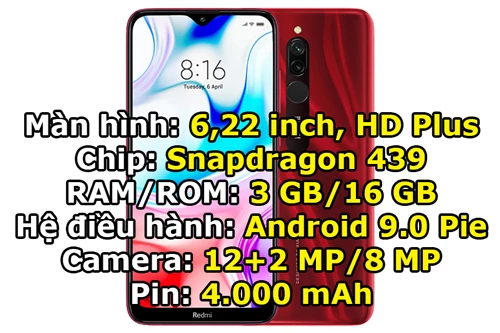 Xiaomi Redmi 8 RAM 3 GB/ROM 32 GB (2,99 triệu đồng).