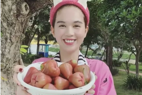 Ngọc Trinh trổ tài trèo cây nhanh thoăn thoắt để hái cả rổ mận