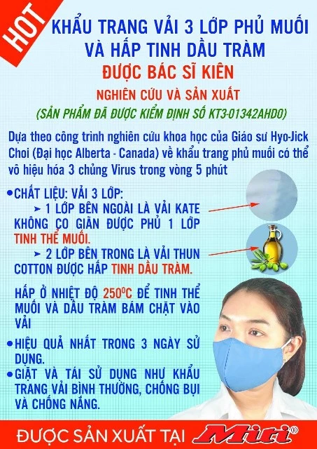 Tính năng của mẫu khẩu trang Miti phủ muối và hấp tinh dầu tràm.