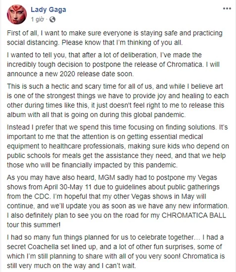 Lady Gaga bất ngờ thông báo hoãn phát hành album vô thời hạn, màn kết hợp với BLACKPINK hay Ariana Grande thế là toang? - Ảnh 1.