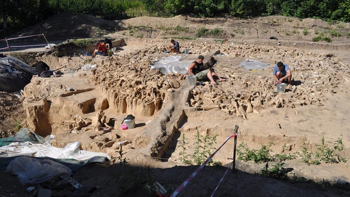 Hiện trường khảo cổ, nơi kiến trúc bí ẩn xây bằng xương "quái thú" kỷ băng hà đang được khai quật - Ảnh: Alex Pryor