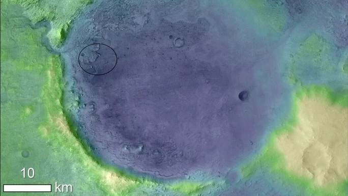 Miệng hố va chạm rộng 45 km Jezero của Sao Hỏa, nơi được nghi ngờ có một ốc đảo chứa hóa thạch sinh vật ngoài hành tinh - ảnh: NASA