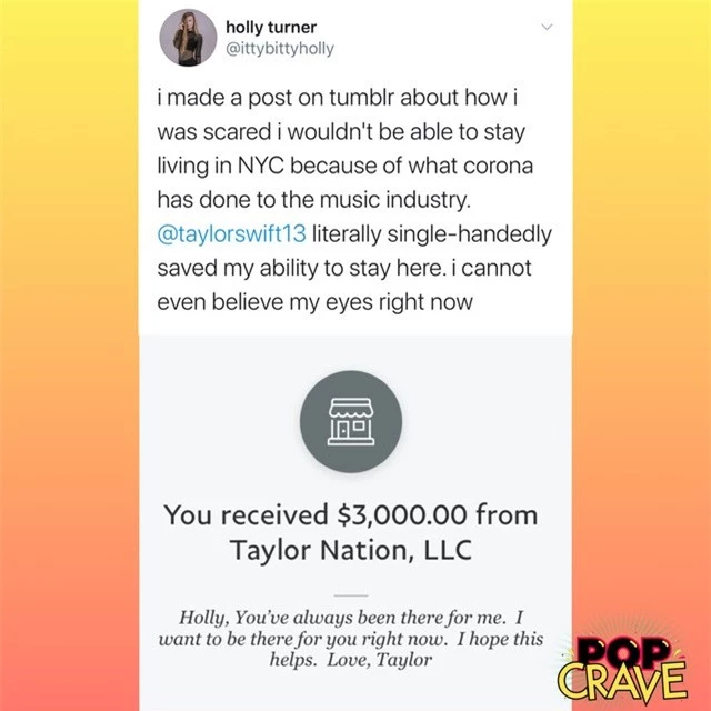 Taylor Swift gửi 3.000 USD cho người hâm mộ gặp nguy khốn vì đại dịch COVID-19 - Ảnh 1.