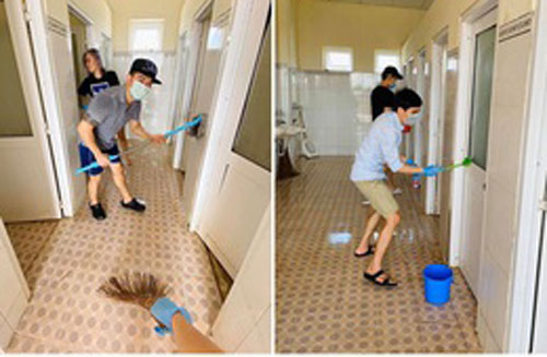 Du học sinh rủ nhau phụ giúp dọn nhà vệ sinh chung của khu cách ly