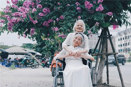 Cặp bạn già 100 tuổi bỗng "hóa đôi mươi" khi chụp ảnh cạnh hoa bằng lăng, biểu cảm của họ đặc biệt gây chú ý