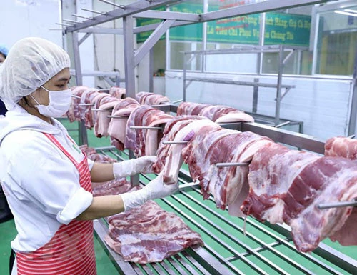 Sản phẩm thịt lợn sau khi chế biến được để trên giá đảm bảo vệ sinh thực phẩm. (Ảnh: TTXVN)