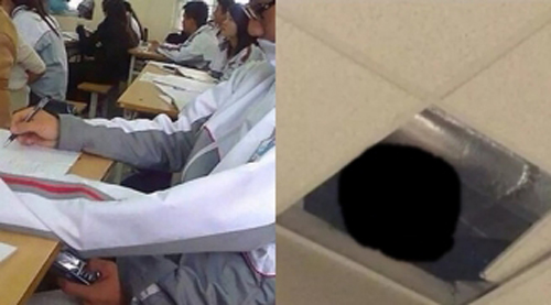 Hí hửng vì không có giáo viên trông coi trong giờ kiểm tra, học sinh nhìn lên trần nhà thì thấy cảnh "hú vía"