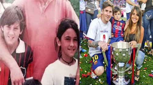 Messi và Antonella khi còn nhỏ (trái) và thời điểm trước khi kết hôn (phải).