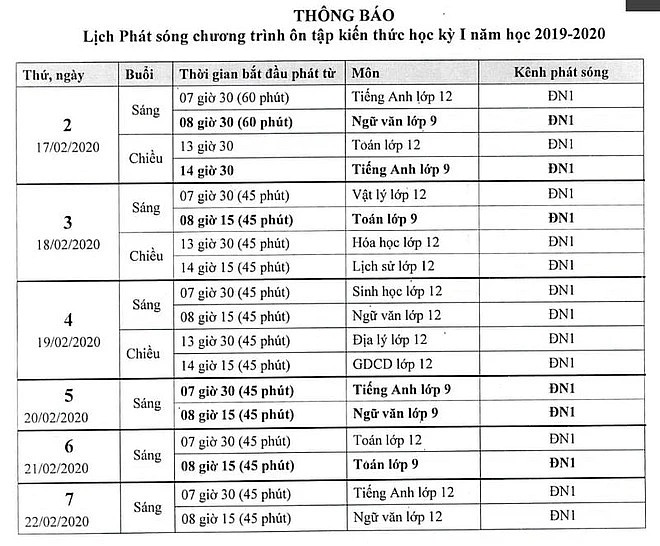 Lịch học trực tuyến tạị Đồng Nai.