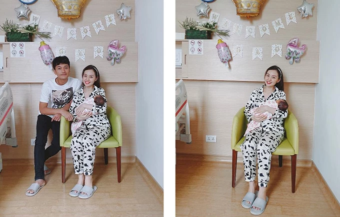 Vợ chồng Quang Tuấn - Linh Phi bên con gái mới sinh. Ảnh: NVCC 