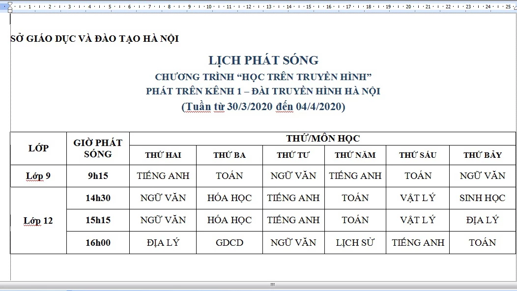 Lịch phát sóng chương trình học trực tuyến tại Hà Nội.