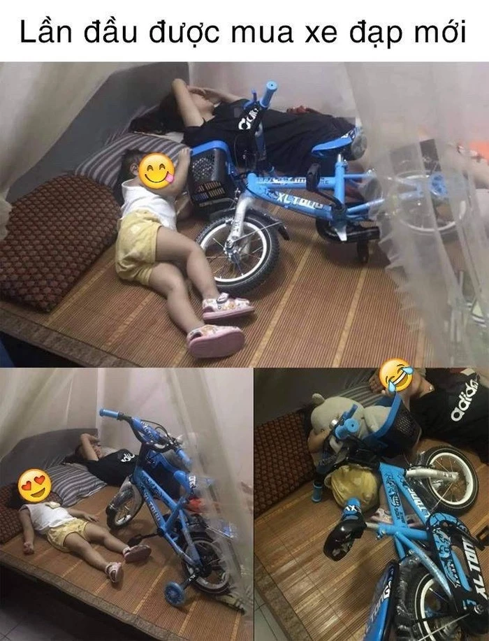 Hình ảnh bé gái ôm chiếc xe đạp mới mua khiến ai cũng thích thú.