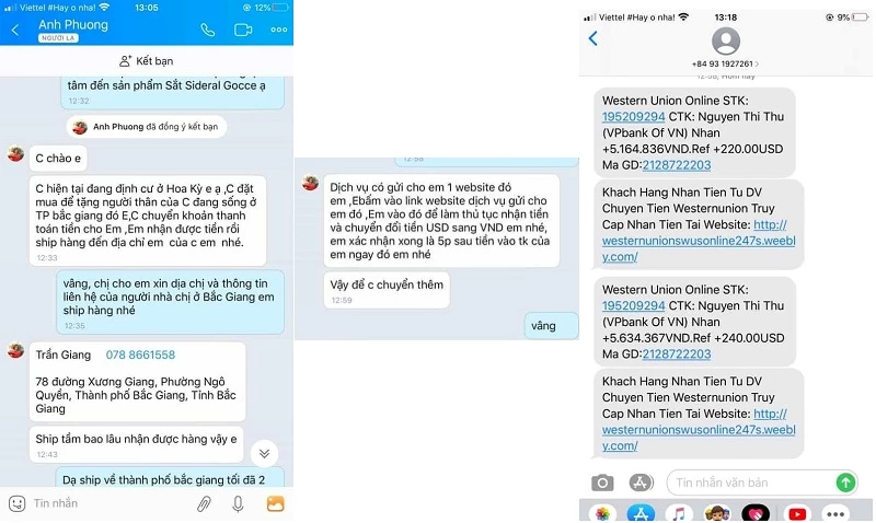 Nội dung cuộc nói chuyện với kẻ lừa đảokèm tài khoản giả mạo Chị Diệp cung cấp 