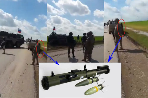 Lính Mỹ vác súng chống tăng chặn xe thiết giáp của Nga tại Syria