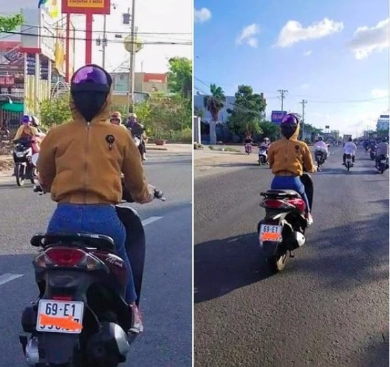 Hình ảnh cô gái mặc áo ngược, đội mũ bảo hiểm ngược phóng xe máy trên đường.