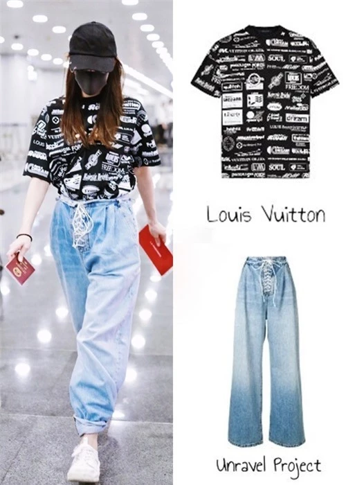 Dilraba Dilmurats Fashion Look at Beijing Airport on June 27, 2019 Her black and white T-shirt from Louis Vuitton features graphic logos printed all over.   She tucked it under these wide-leg jeans from Unravel Project with a high rise and lace-up detail. To complete the look, Dilraba wore chunky white sneakers and a black cap.