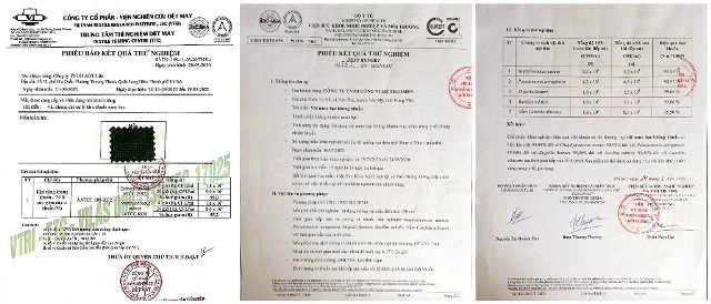 Kết quả thử nghiệm chứng nhận sản phẩm có khả năng kháng khuẩn.