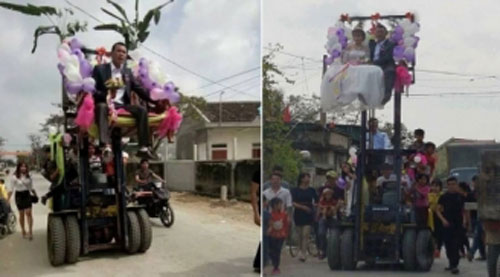Màn rước dâu bằng xe nâng cao quá mái nhà khiến dân mạng "thót tim"