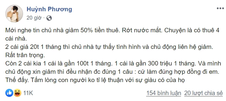 Huỳnh Phương than thở về tiền thuê mặt bằng trong mùa dịch Covid-19.