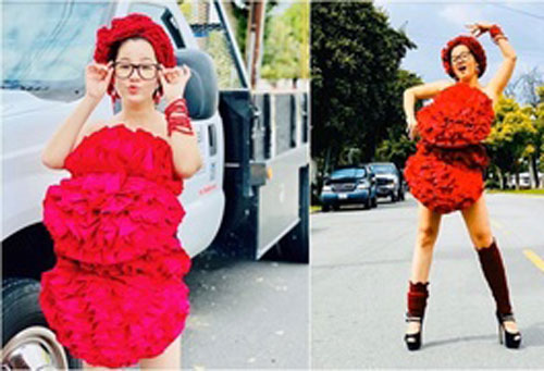 Thúy Nga mặc 'váy gối' trên xa lộ