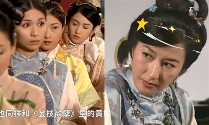 Chiếc áo xanh Quan Vịnh Hà mặc trong phim Miêu Thúy Hoa (phải) được dùng lại cho một diễn viên phụ của phim Thâm cung nội chiến chiếu bảy năm sau đó.