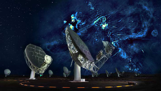 Hệ thống kính viễn vọng MeerKAT và hình ảnh từ sóng vô tuyến ghi nhận được - Ảnh: OXFORD/NRAO