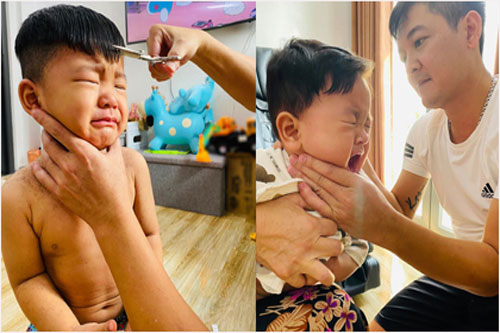 Biểu cảm 'khó đỡ' của 3 con nhà vợ chồng Hải Băng - Thành Đạt khi được bố cắt tóc