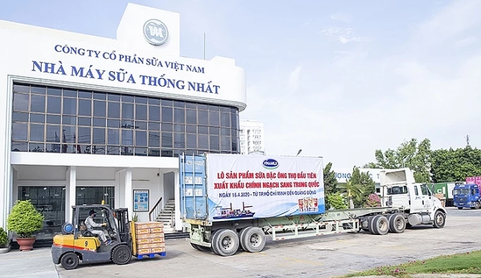 Lô sản phẩm sữa đặc Ông Thọ được đưa vào container chuẩn bị xuất đi Trung Quốc từ Nhà máy sữa Thống Nhất của Vinamilk