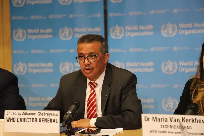Tổng Giám đốc Tổ chức Y tế thế giới (WHO) Tedros Adhanom Ghebreyesus trong cuộc họp báo về dịch COVID-19 tại Geneva, Thụy Sĩ ngày 11/3/2020. Ảnh: THX/TTXVN