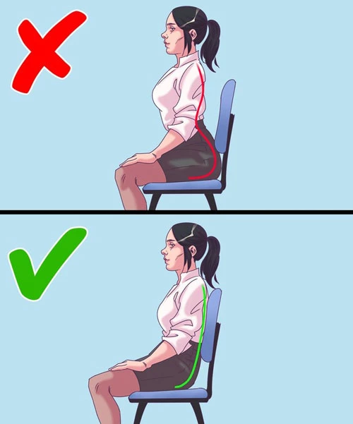 Các chuyên gia khuyên rằng khi ngồi lưng của bạn phải song song với lưng ghế. Hoặc bạn có thể áp thẳng lưng vào lưng ghế, tránh nhoài về phía trước, ngửa ra phía sau để không làm ảnh hưởng cột sống.