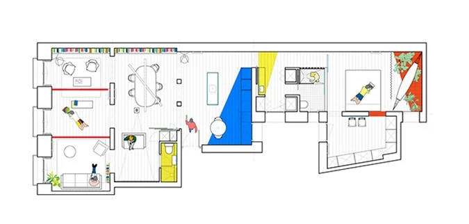 Các phòng được thiết kế với concept hiện đại, trẻ trung với các màu sắc rực rỡ, đảm bảo các hoạt động cơ bản của gia chủ gồm nấu nướng, ngủ nghỉ, làm việc, trò chuyện.