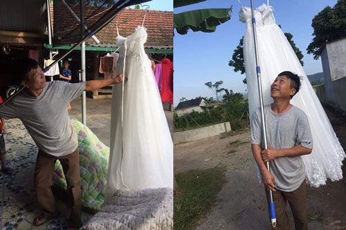 Con gái "thoát ế" thành công, bố treo hẳn váy cưới lên cao rồi đi khoe khắp làng khiến bao người hạnh phúc lây