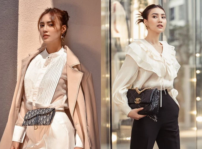 Dù không thường khoe tủ đồ hiệu, Lan Ngọc diện các mẫu túi hiệu trong ảnh street style hoặc đi sự kiện. Trong ảnh, chiếc ví Dior được cô đeo ngang hông, tạo nét nổi bật cho tổng thể. Người đẹp cũng khéo léo diện túi Chanel 19 Flap Bag phù hợp với áo sơ mi bèo và quần tây cạp cao.