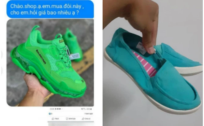 Đôi giày anh chàng đặt của shop online và đôi giày được giao hàng.
