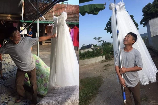 Ông bố vui mừng đem váy cưới của con đi khoe cả làng.