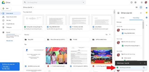 Sau khi đã tải file Excel lên Google Drive, chúng ta có thể mở file ngay phần thông báo file mới.