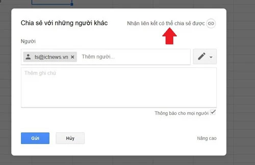 Hãy nhập các địa chỉ email người nhận và bấm Gửi để chia sẻ file Google Sheets. Ngoài ra chúng ta cũng có thể lấy liên kết để chia sẻ thủ công.