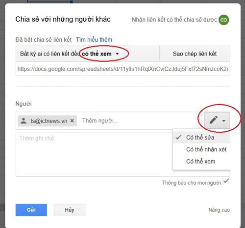 Dù chia sẻ bằng cách nào thì quyền của người nhận cũng được chia làm 3 mức độ tùy theo bạn cấp mức nào, gồm: Có thể sửa, Có thể nhận xét, Có thể xem.