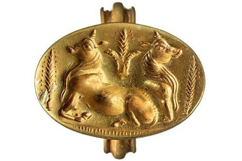 Một chiếc nhẫn vàng mô tả hai con bò đực bên cạnh những hạt lúa.