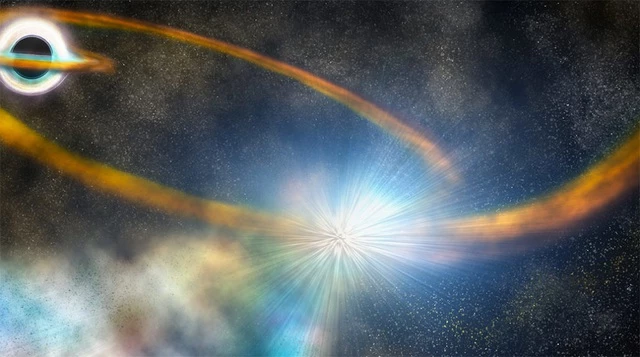 Trong hình minh họa này, một ngôi sao đi lang thang quá gần lỗ đen (phía trên bên trái) được kéo thành một dải khí dài.