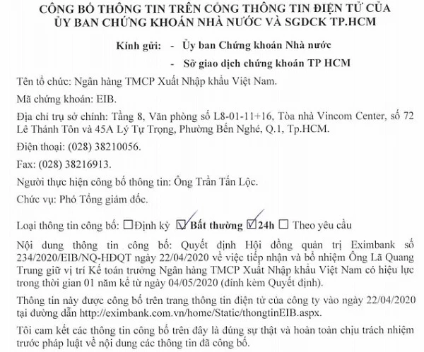 Công bố thông tin bổ nhiệm nhân sự cấp cao tại Eximbank.