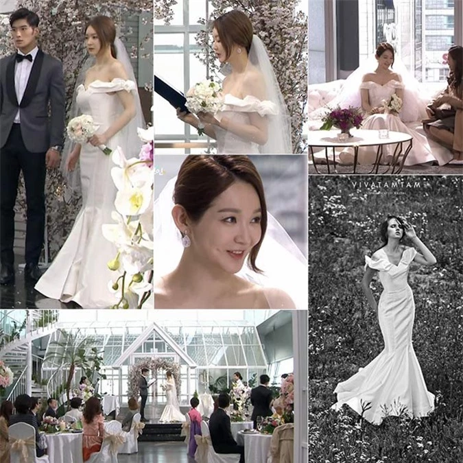 Kang Minkyung trong phim The Dearest Lady (Lady, em là ai)Váy cưới trễ vai do Kang Minkyung diện trong phim cũng là một thiết kế của thương hiệu Vivatamtam. Mẫu đầm có dáng vai trễ xếp lớp, kiểu dáng đuôi cá tối giản không họa tiết. Váy có độ ôm, tôn đường cong gợi cảm của người diện.