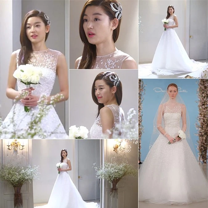 Jun Jihyun trong phim My love from the star (Vì sao đưa anh tới)Ở tập 18, nhân vật Cheon của Jun Jihyun đã diện một váy cưới củaOscar de la Renta mang kiểu dáng xòe bồng cổ điển. Váy được điểm sequin, có cổ illusion từ voan mỏng theo xu hướng thời trang cưới hiện đại.