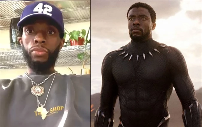 Chadwick gầy hóp má trong video đăng trên Instagram vào giữa tháng 4 (ảnh trái), khác hẳn hình ảnh trong phim Black Panther.