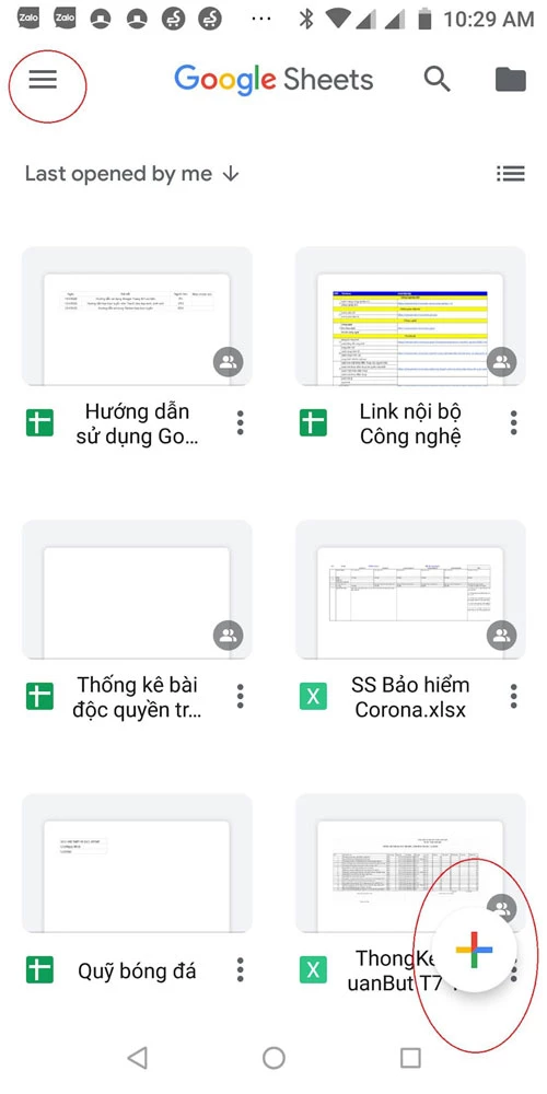 Khi mở ứng dụng Google Sheets, chúng ta sẽ thấy dấu cộng để tạo file bảng tính mới. Trên góc trái như thường lệ là menu các tác vụ chung.