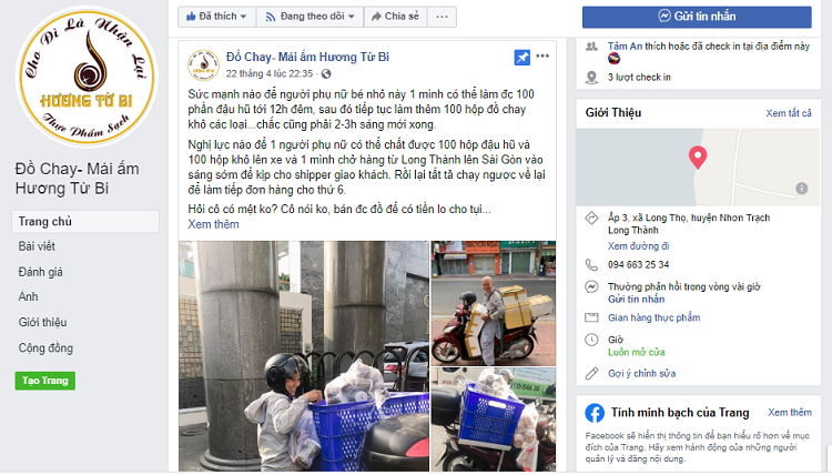 Trang Fanpape của Thực phẩm chay Hương Từ Bi trên mạng xã hội thu hút rất nhiều người quan tâm, đặt hàng  