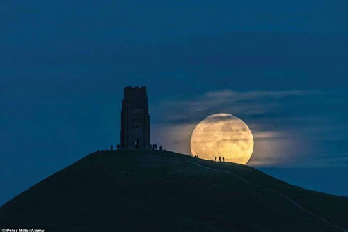 Hình ảnh siêu trăng ấn tượng được ghi lại trên ngọn đồi Glastonbury Tor, Somerset, Anh. Hiện tượng xảy ra khi mặt trăng di chuyển tới vị trí gần nhất với trái đất, lúc đó, bạn sẽ nhìn thấy vệ tinh này sáng và có kích thước lớn hơn nhiều. Trên ảnh, siêu trăng xuất hiện có kích thước khổng lồ tương đương tháp St.Michael tại Glastonbury.