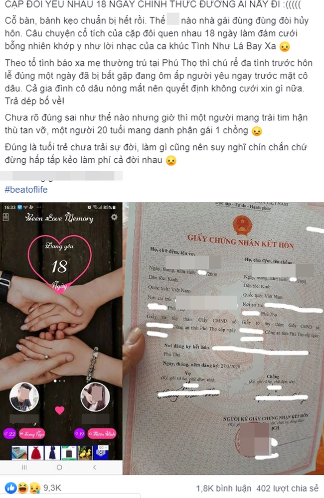 Thông tin về cặp đôi yêu nhau 18 ngày đã đăng ký kết hôn rồi hủy hôn trước ngày cưới được nhiều trang fanpage lớn nhỏ chia sẻ.