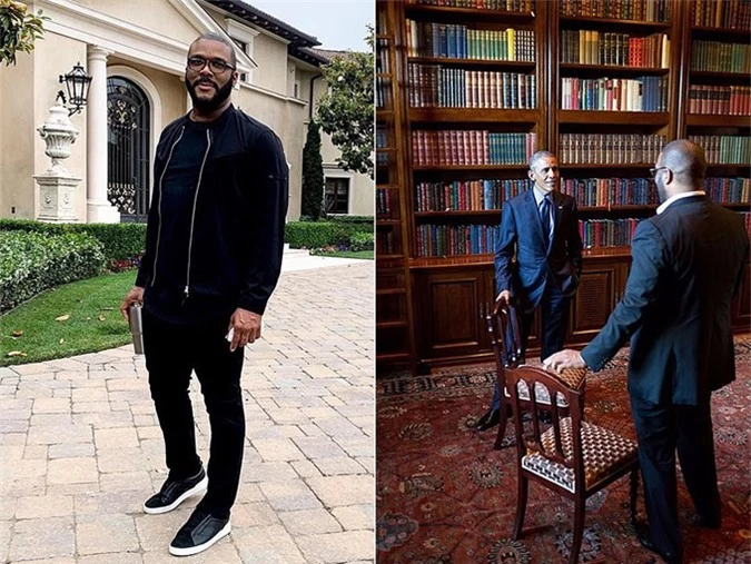 Tyler Perry tại biệt thự ở Beveryly (trái) và từng mời Obama đến chơi nhà vào năm ngoái (phải). Ảnh: Instagram.
